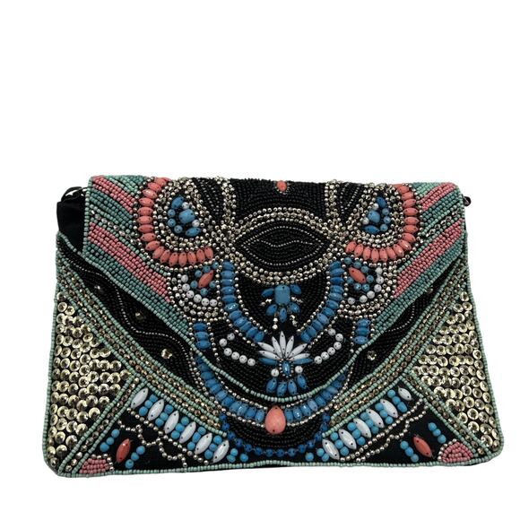 Atmosphere Beaded Boho Clutch Coral Turquoise Festival Bag Geometric Zip Sequins - Picture 5 of 10